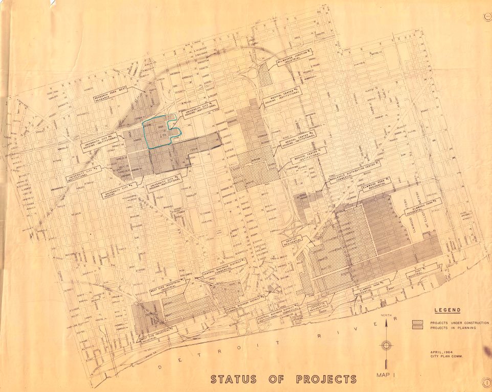 This 1964 map prepared by the Detroit City Plan Commission indicates the status of redevelopment projects around the core of the city. These include the Medical Center, Lafayette Park, Elmwood Park, West Side Industrial, University City, and Milwaukee Junction.