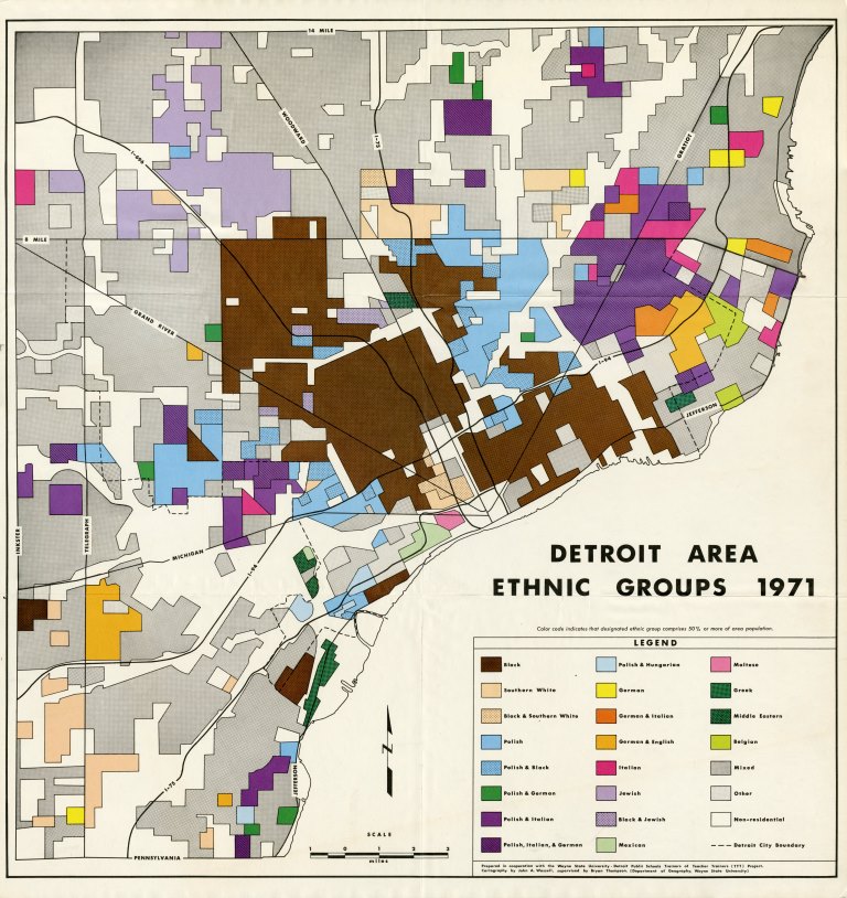 This informative map from Wayne State University shows concentrations of ethnic groups in Metro Detroit in 1971.