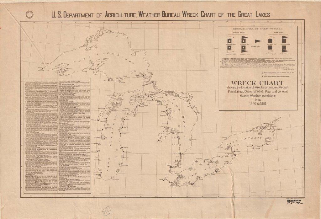 The Great Lakes can be treacherous for travelers, as the U.S. Department of Agriculture Weather Bureau attests with this map. It charts 147 shipwrecks from 1886 to 1891 due to weather incidents.