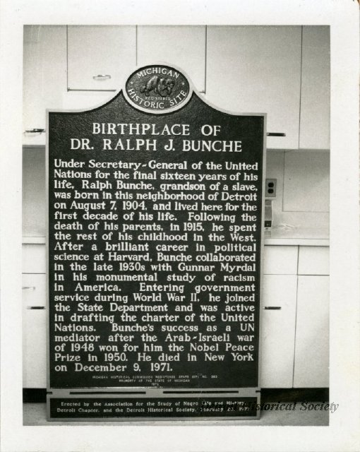 The historical marker placed at the birthplace of Bunche at 5886 Athon Street is pictured here at the Detroit Historical Museum prior to its dedication in 1972.