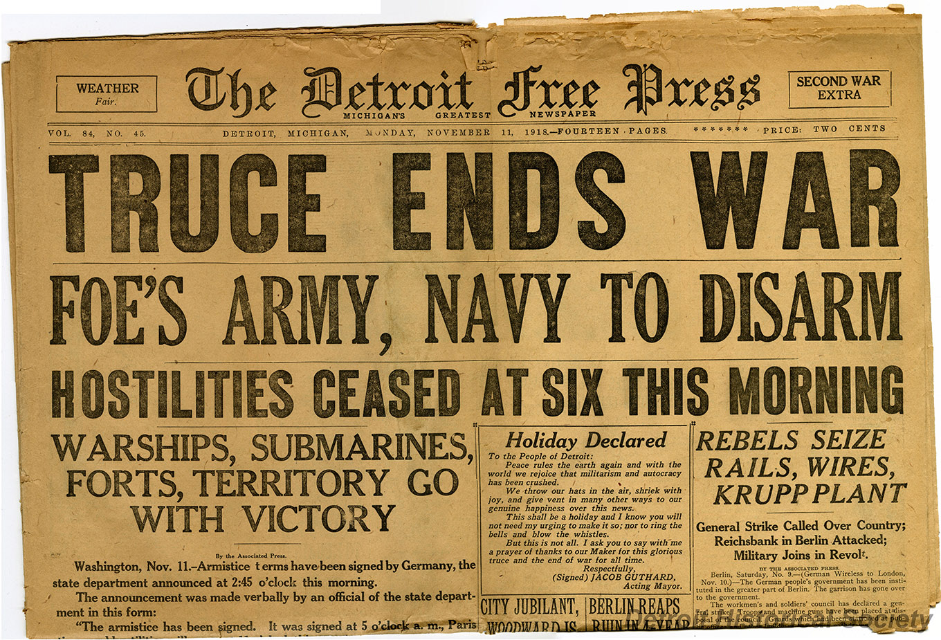 The Detroit Free Press Celebrating the end of World War I.