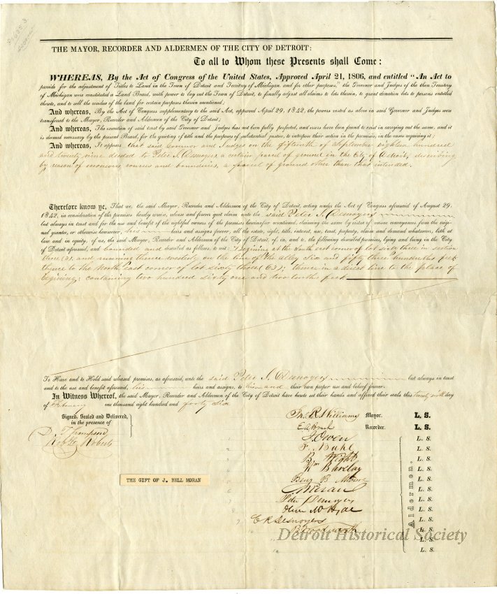 Land claim deed signed by several aldermen including John R. Williams, 1846 – 1938.015.001