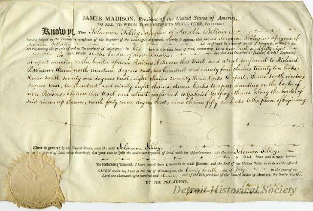 Presidential deed granting land to Solomon Sibley, 1811 - 1948.050.001