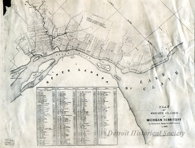 Map showing the original land claims and ribbon farm layout of Detroit, 1945 - 1950.164.028