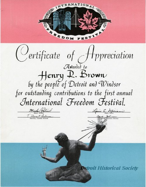 Certificate of appreciation from the first International Freedom Festival, 1959