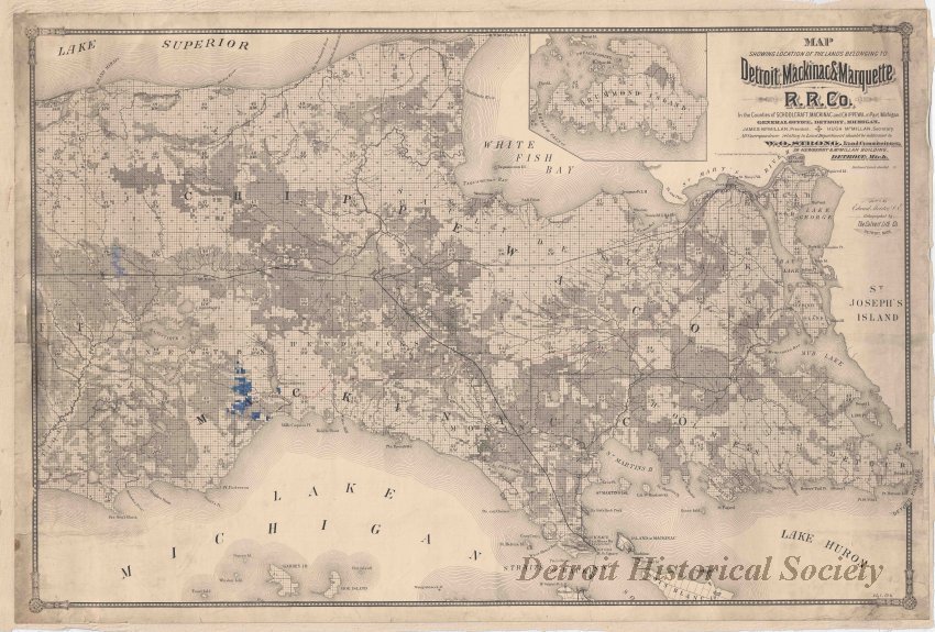 Map showing locations of land owned by Detroit, Mackinac & Marquette R.R. in Upper Peninsula, c.1885 – 1960.001.100