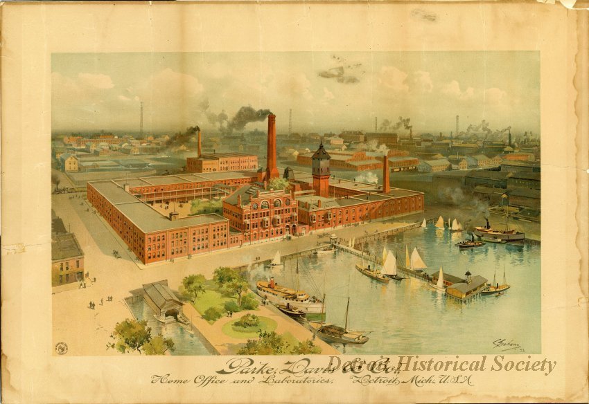 Color lithograph depicting Parke-Davis/River Place, 1893 – 1967.213.001