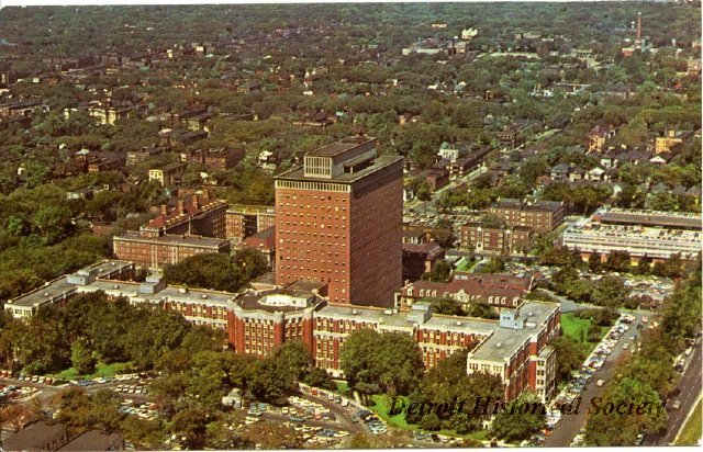 Henry Ford Hospital aerial view postcard, 1960s - 2000.029.010a