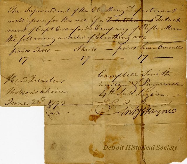 Military orders for clothing sent by General Anthony Wayne, 1793 - 2002.004.016