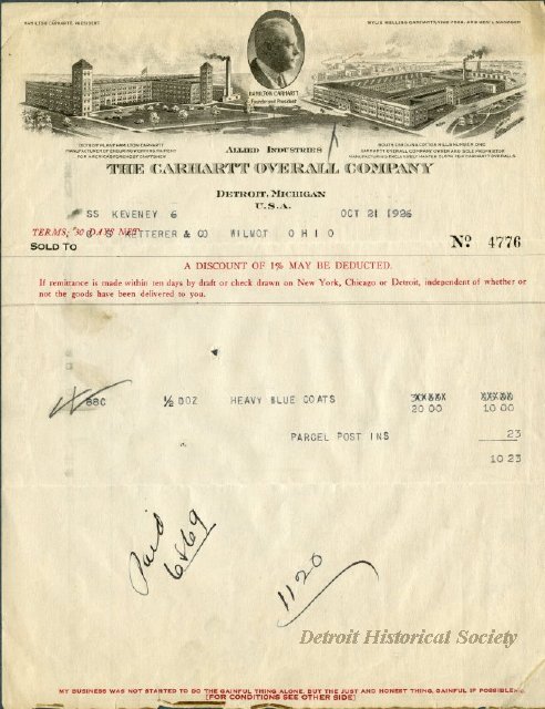 Hamilton Carhartt Invoice, 1926