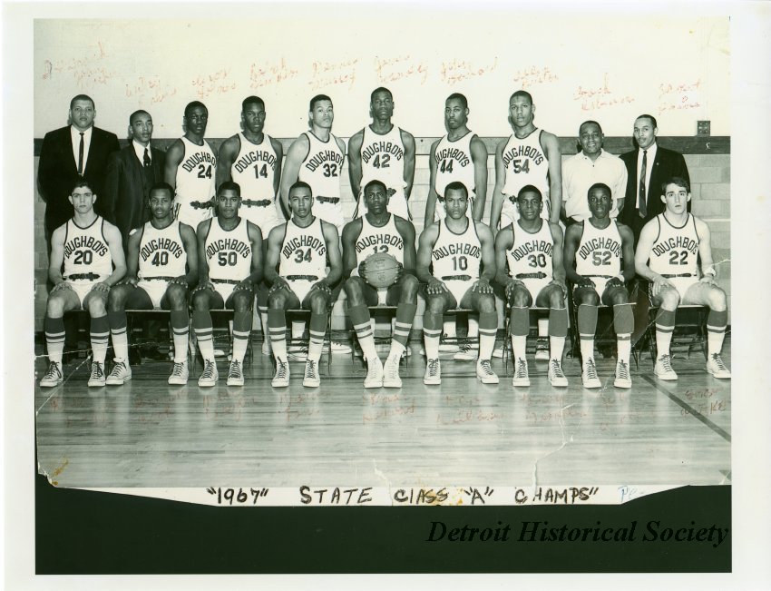 Team portrait photo of 1967 State Champions Pershing HS basketball team with Coach Will Robinson, 1967 – 2008.102.998