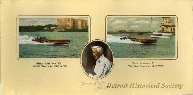 Gar Wood with two boats in which he set records, 1928 - 2009.004.174
