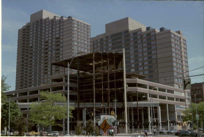 Photograph of the Millender Center’s People Mover station construction, c.1985