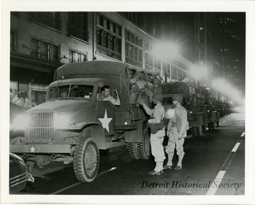 U.S. Army trucks outside of Hudson’s department store during 1943 Race Riot, 1943 – 2009.066.001