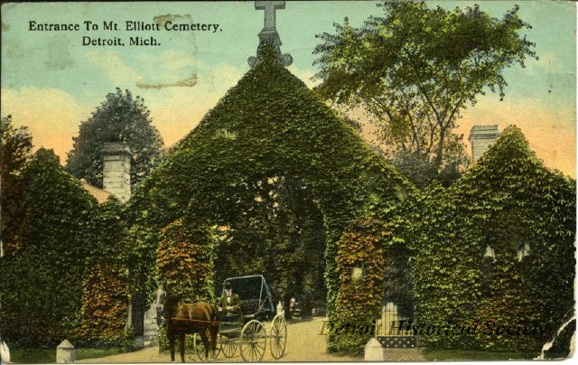 Postcard showing the entrance to Mt. Elliot Cemetery, 1913 - 2012.020.102
