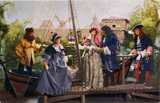 Postcard depicting the "Arrival of Madame Cadillac"