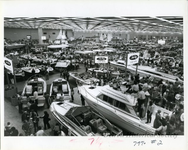 Photo showing the Sea Ray display at the Detroit Boat Show, 1985 - 2012.022.081