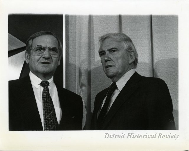 Photo showing Lee Iacocca (left) and Douglass Fraser, 1979 - 2012.044.586