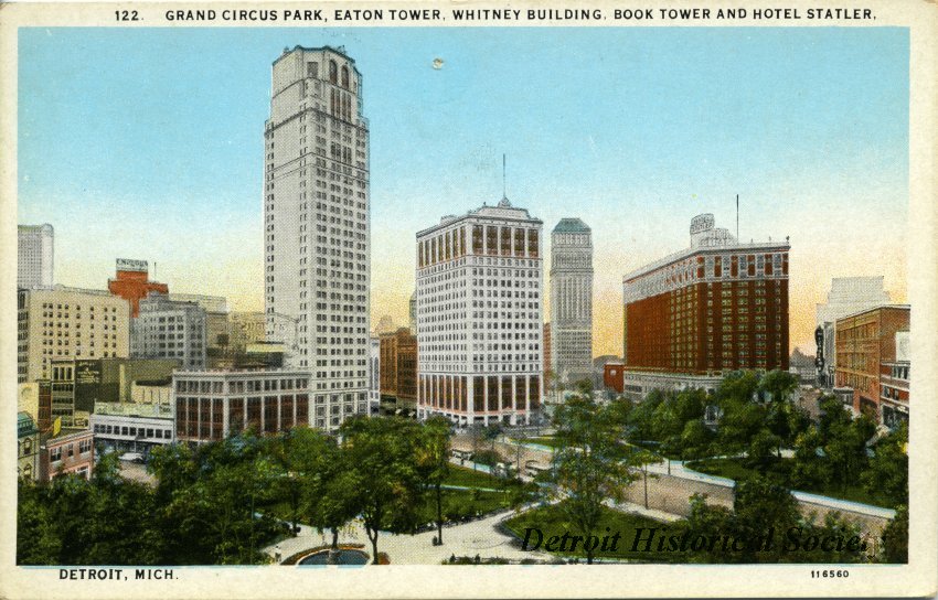 Postcard depicting Grand Circus Park and adjacent buildings, including the Eaton Tower (David Broderick Tower), c.1928