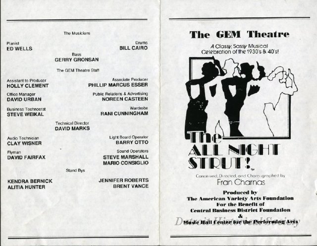Program for "The All Night Strut!" at the Gem Theatre, 1991
