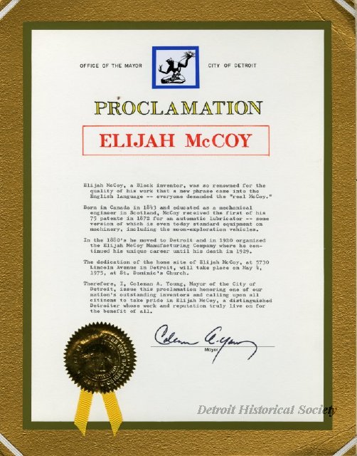 Mayoral Proclamation celebrating Elijah McCoy, 1975 - 2014.004.173