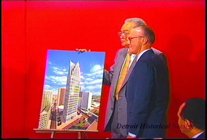 Still from Woodward Avenue One (One Detroit Center) development press conference, 1989 – 2015.008.050
