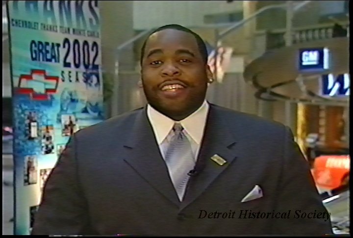 Still from VHS tape featuring Kwame Kilpatrick’s farewell to Athenia Harris, 2003 – 2015.010.003