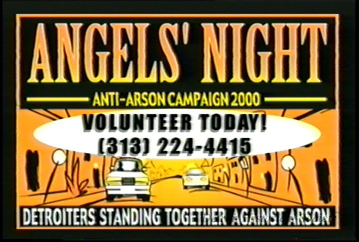 VHS tape containing four Angels' Night public service announcement spots produced by the Detroit Cable Commission