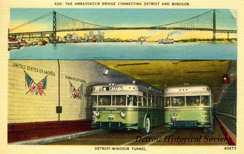 Postcard depicting the Ambassador Bridge and Detroit-Windsor Tunnel, 1943