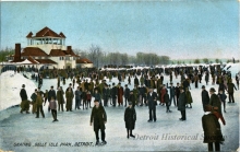 colorized photo of ice skaters on the frozen Detroit river with a building and trees in the distance. Photo taken in the early 1900s at Belle Isle.