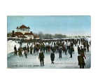 colorized photo of ice skaters on the frozen Detroit river with a building and trees in the distance. Photo taken in the early 1900s at Belle Isle.